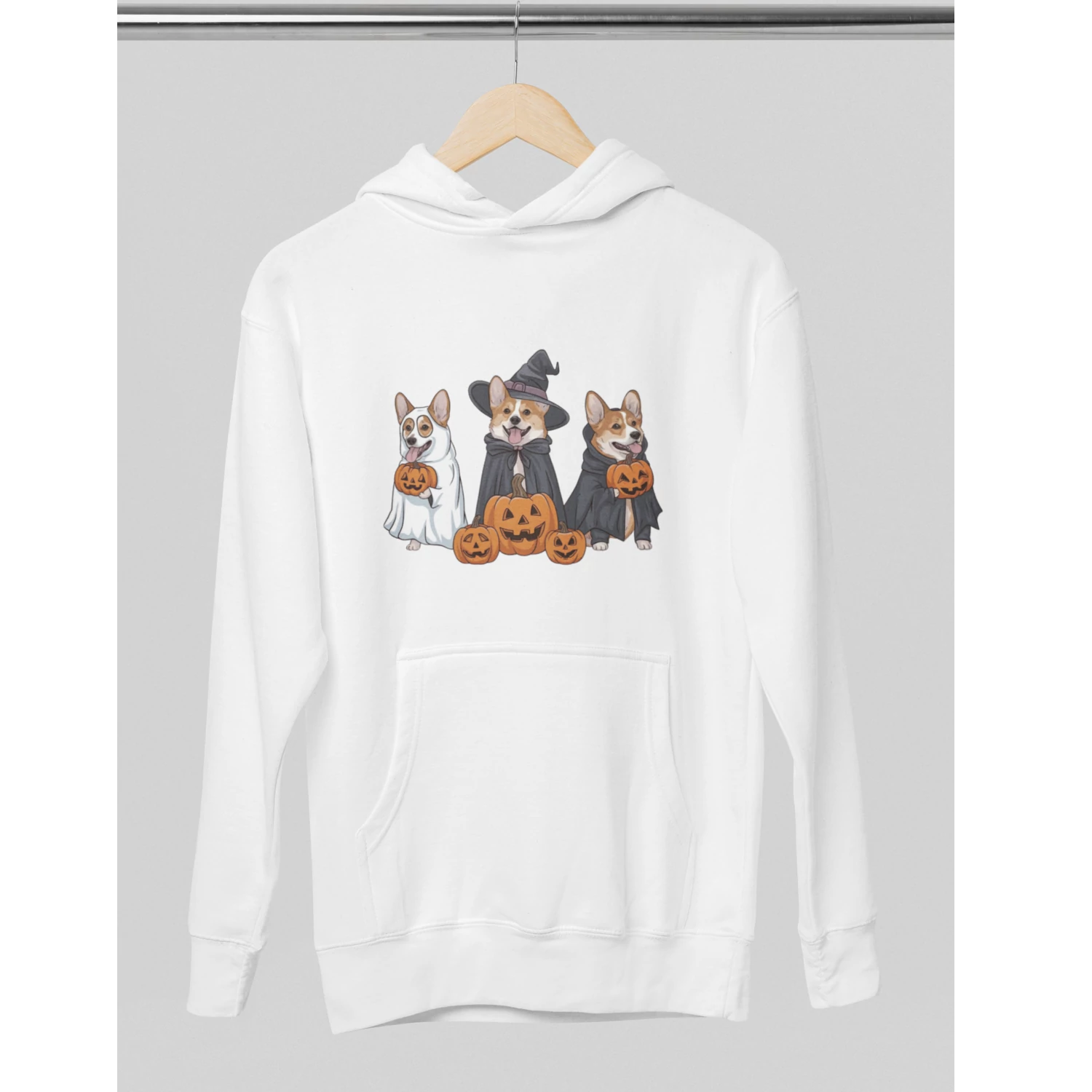 Corgi mintás halloweeni kapucnis pulóver - Fehér