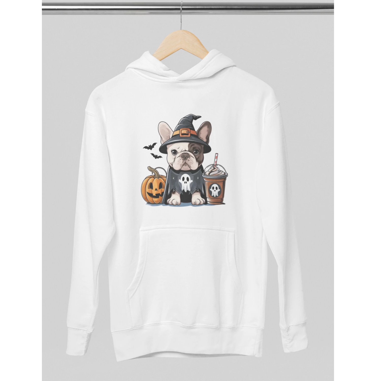 Francia bulldog halloweeni kapucnis pulóver - Fehér