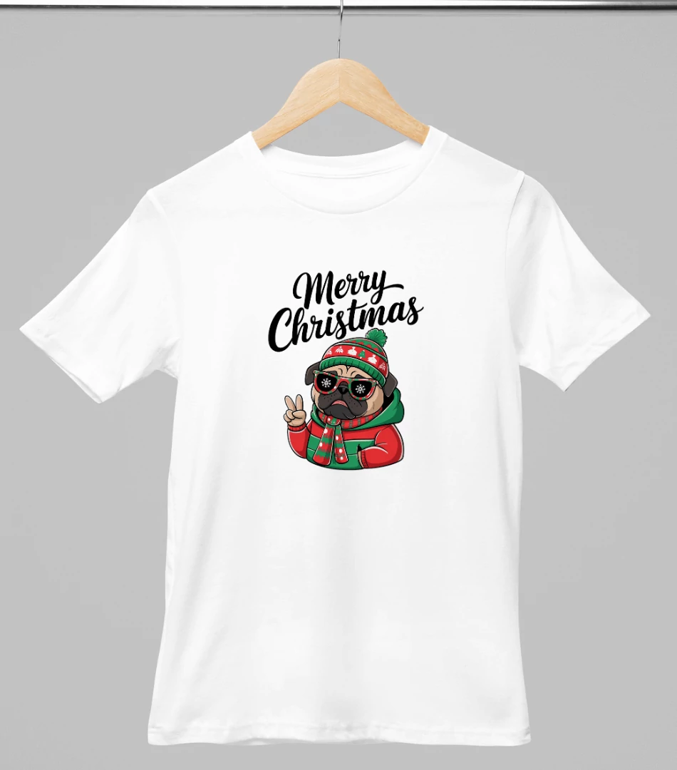 Mopsz mintás karácsonyi póló - Fehér